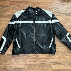 PrettyLittleThing Black and Silver Leather Race Jacket